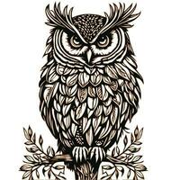 Illustration of a big owl sitting on a branch on a white background vector