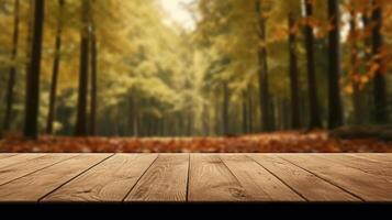 Empty Wooden Table for Product Display on Autumn Nature Background. photo