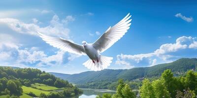 International Peace Day, White Dove Flying on Blue Sky Background, Bird of Peace Symbol. Generative Ai photo