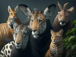 grupo de muchos africano animales jirafa, león, elefante, mono y otros mismo cara estar juntos en con animación antecedentes foto