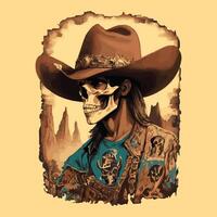 Western hand drawn Vintage rodeo themed graphic cowboy hat and cattle skull illustration  wild west. photo