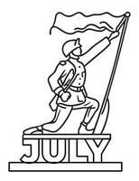 silueta de un hombre con un bandera en parte superior de el palabra julio, independencia día julio un soldado levantamiento bandera icono diseño vector Arte