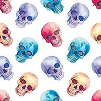 Seamless pattern with bright multicolored watercolor skulls. Decor background for halloween and day of the dead vector