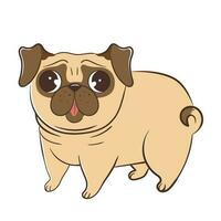 Funny cartoon dog breed purebred little pug in flat style. vector