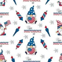 Seamless pattern with patriotic charming gnomes with American symbols. vector