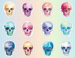 Printable sticker collection of bright multicolored watercolor skulls. Halloween and day of the dead decor vector