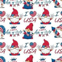 Seamless pattern with patriotic charming gnomes and the inscription I love USA. vector