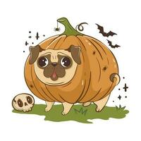 Funny cartoon pug dog in a halloween pumpkin costume. Scary funny character for halloween. Vector illustration of pets