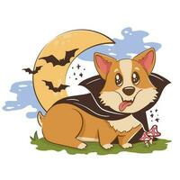 Funny cartoon corgi dog in halloween vampire costume. Scary funny character for halloween. Vector illustration of pets