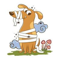 Funny cartoon dachshund dog dressed as a mummy for halloween. Scary funny character for halloween. Vector illustration of pets