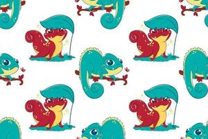 Seamless pattern with cartoon funny lizards. Vector illustration of chameleons