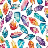 Seamless pattern with bright multi-colored watercolor crystals with a stroke. Gems hand drawing doodle style wallpaper vector