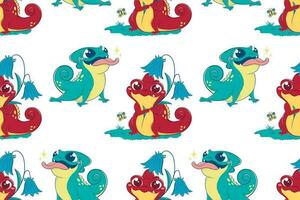 Seamless pattern with cartoon funny lizards. Vector illustration of chameleons