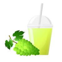 el plastico vaso de uva jugo y manojo de verde uvas aislado en blanco antecedentes. para etiquetas, menús, póster, imprimir, o embalaje diseño. vector ilustración