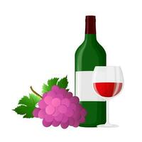 Wine  bottle, glass, branch of grape with leaves. For wine list, menu, flyer, party, alcohol drinks, celebration holidays. Vector illustration