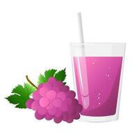 Glass of grape juice and bunch of pink, purple grapes isolated on white background. For labels, menus, poster, print, or packaging design. Vector illustration