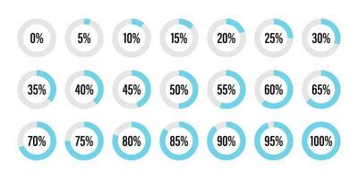 conjunto de circulo porcentaje diagramas desde 0 0 a 100, infografía indicador con azul vector