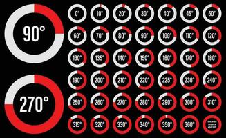 Set of angle measurement charts for a circle, pie diagrams infographic collection, with red color black background vector