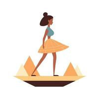 Cartoon woman against background of Egyptian pyramids. Travel service agency advertising vector tourism. Modern flat design with simple shapes