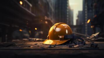 Broken and dirty protective helmet of a construction worker or a fireman. AI generated photo