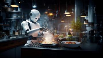 Robot cook prepares a dish in the kitchen of a restaurant. photo