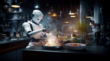 Robot cook prepares a dish in the kitchen of a restaurant. AI generated photo