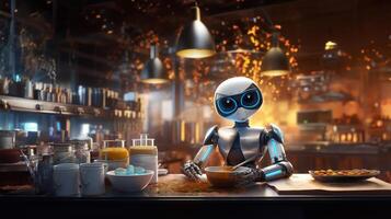 Robot cook prepares a dish in the kitchen of a restaurant. AI generated photo