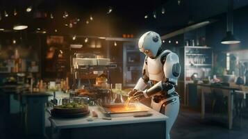 Robot cook prepares a dish in the kitchen of a restaurant. AI generated photo
