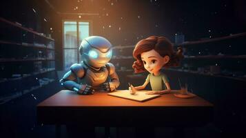 The robot helps the girl to do her homework. In cartoon style. AI generated photo