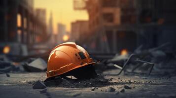 Broken and dirty protective helmet of a construction worker or a fireman. AI generated photo