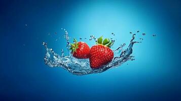 Red strawberry dropping in water and creating a splash. AI generated photo