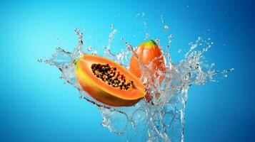 Fresh papaya with water splash over blue background. AI generated. Exotic fruit photo