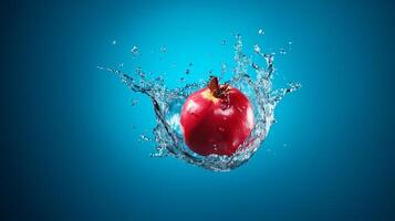 Pomegranate splashing into water against a blue background. AI generated photo