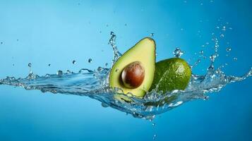 Water splashing on fresh sliced green avocado isolated over the blue background. AI generated photo