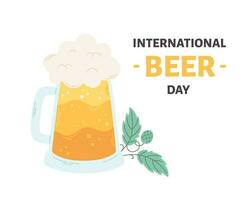 nternational beer day. Beer mug with hops for brewing beer. Alcohol drink vector