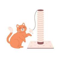 Cat playing with ball. Cat tree with toy. Cat and scratching post. Pets furniture. vector