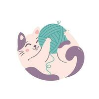 Cute cat playing with balls of thread. Domestic pets, feline activities. Home cat life. vector