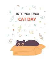 Cute black cat in box. International Cat Day. vector