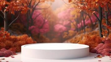 Empty Podium for Product Display on Autumn Background. photo