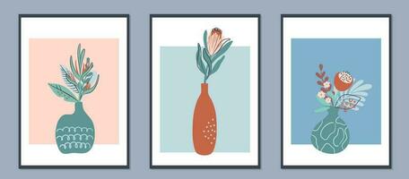 Boho botanical compositions with abstract vases of tropical flowers. Simple minimalist floral bouquets for print, poster, wall decor, collage. Set of hand drawn vector illustrations.