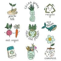 Eco symbols set. Environmental conservation, Earth Day concept. Cute kids kawaii element bundle. Vector illustrations.