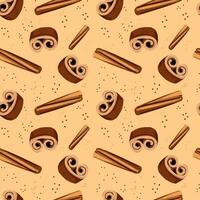 Cinnamon Seamless pattern with cinnamon sticks bark. background with brown spice aromatic ingredient. For packaging, textile, print, template, cards. Hand drawn ornament. Vector illustration