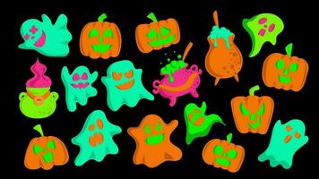 Cartoon set of Halloween ghosts and Pumpkin on dark background. Spooky neon spirit characters. Scary holiday decorations. Vector illustration.