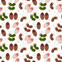 Seamless pattern of warm socks and house slippers on a purple background. Bright color pattern design for wrapping paper, textiles, banners,web, apps.Vector illustration. vector