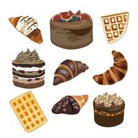 A set of cakes, croissants, and waffles. Design elements for the d cor menu, confectionery, website, etc. Vector illustration, Cartoon style.