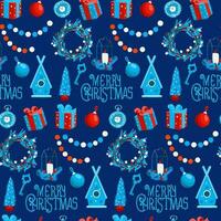 Christmas seamless background. Gifts, Christmas tree and decorative elements. Nice illustration for wrapping paper, decoration, textile. Vector