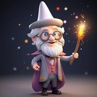 Fantasy wizard or bearded magician cartoon character in magic hat and robe creates magic or conjures. photo
