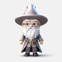 Fantasy wizard or bearded magician cartoon character in magic hat and robe creates magic or conjures. photo