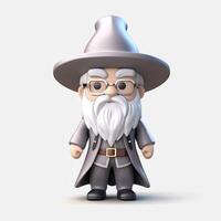 Fantasy wizard or bearded magician cartoon character in magic hat and robe creates magic or conjures. Generative AI photo