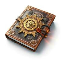 3d illustration of a dark leather grimoire. Vintage old magic book cover Spellbook concept. 3d rendering isolated on white background. Generative AI photo